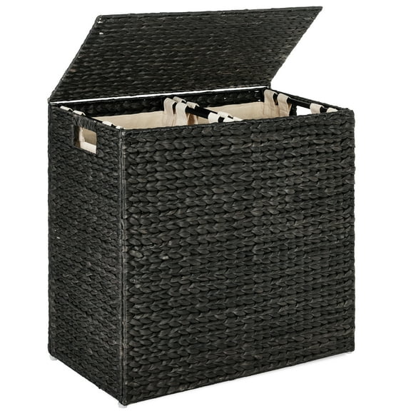 Best Choice Products Large Natural Water Hyacinth Double Laundry Hamper Basket w/ 2 Liner Bags, Handles - Black