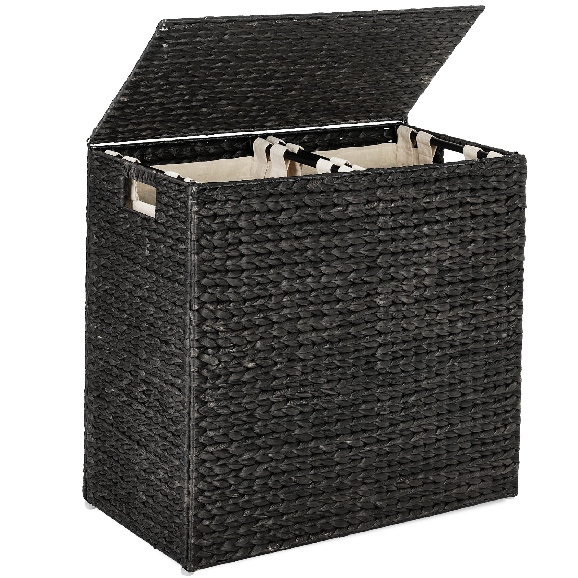 Large Black Handwoven Water Hyacinth Double Laundry Hamper