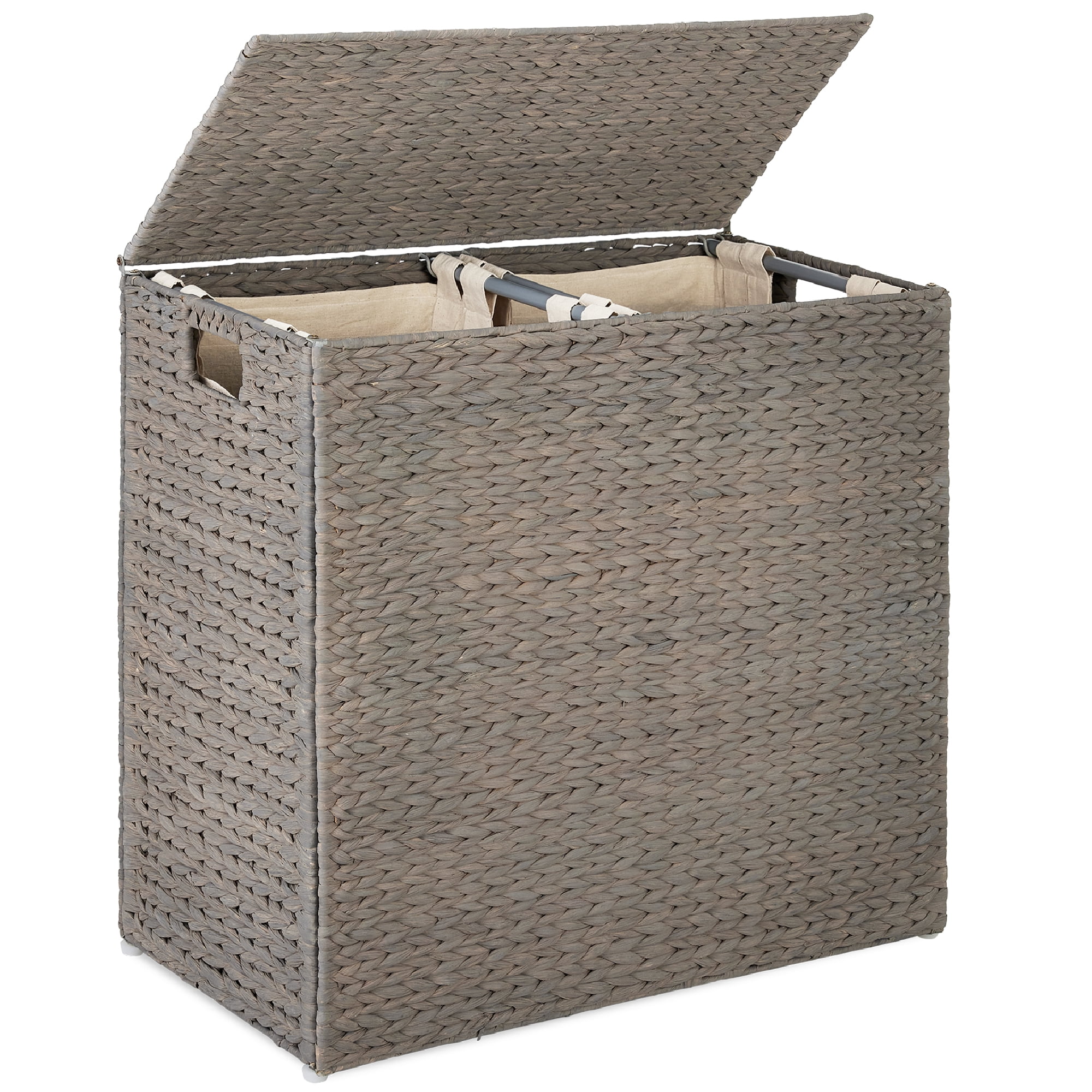 Best Choice Products Large Natural Water Hyacinth Double Laundry Hamper Basket w/ 2 Liner Bags, Handles - Gray