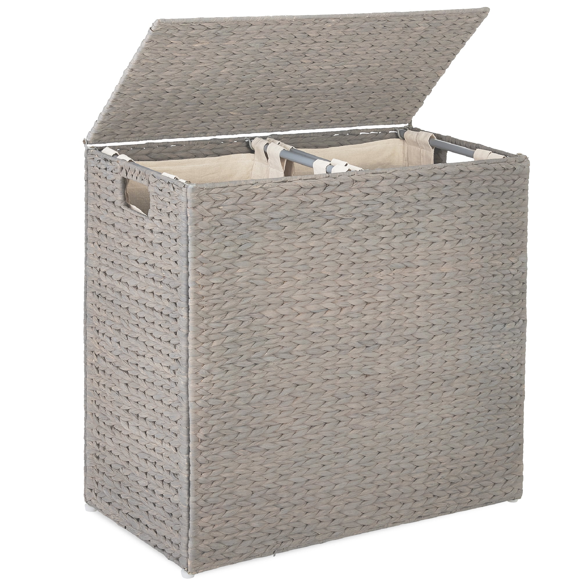 Large Gray Handwoven Water Hyacinth Double Laundry Hamper with Lid