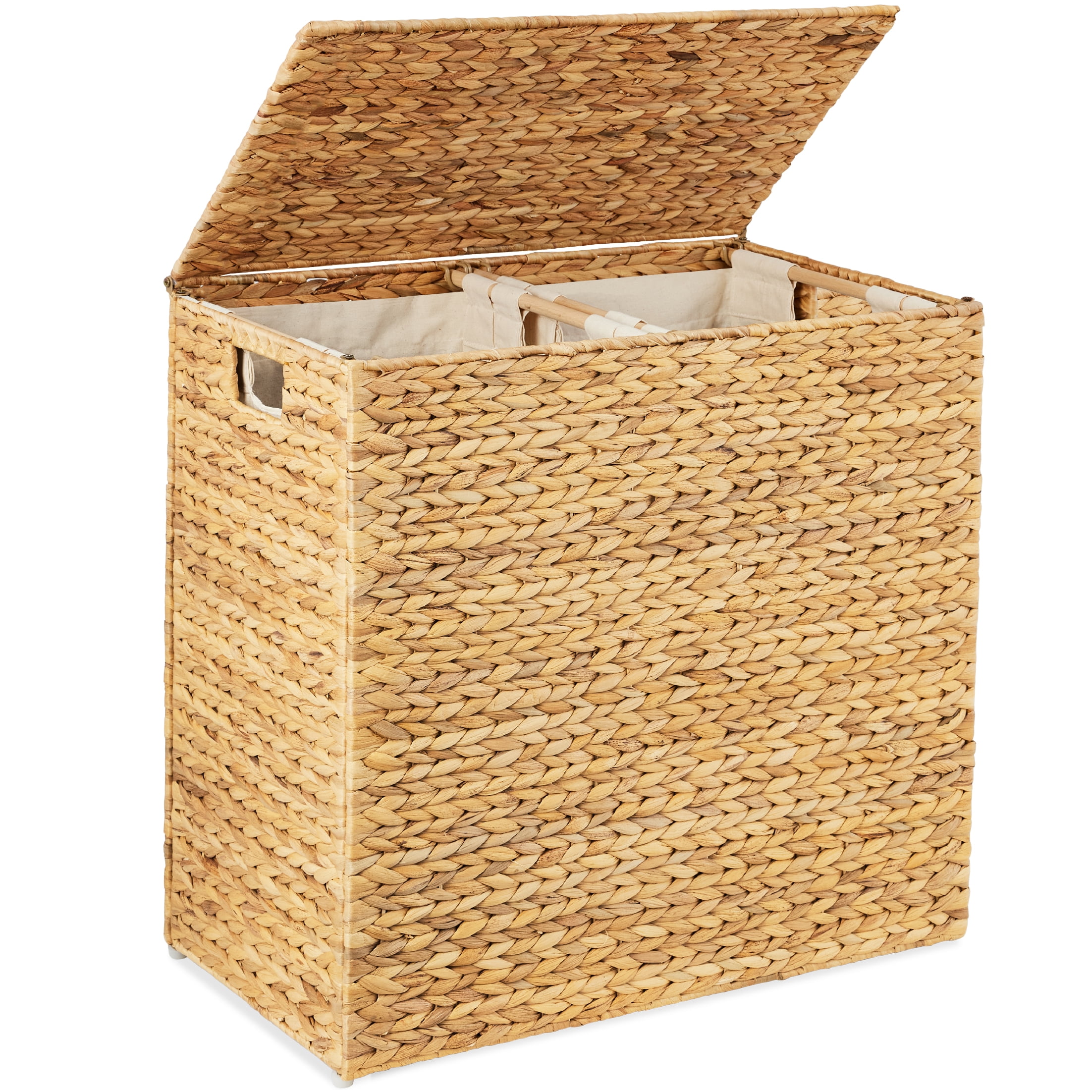Best Choice Products Large Natural Water Hyacinth Double Laundry Hamper Basket w/ 2 Liner Bags