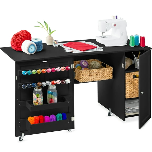 Best Choice Products Large Portable Multipurpose Folding Sewing Table w/ Magnetic Doors, Craft Storage - Black