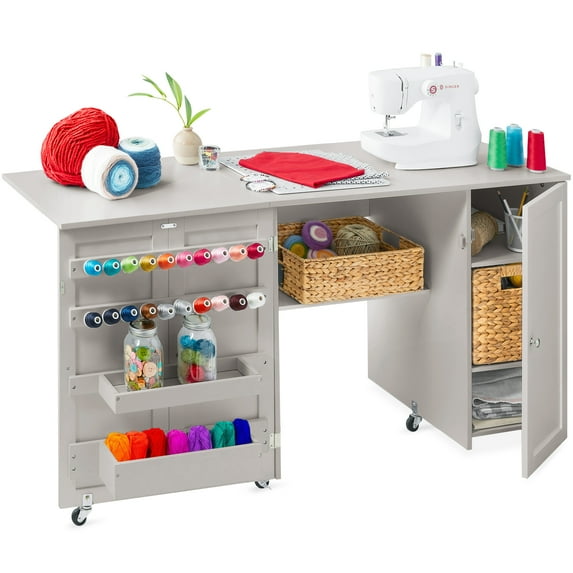 Best Choice Products Large Portable Multipurpose Folding Sewing Table w/ Magnetic Doors, Craft Storage - Gray
