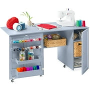 Best Choice Products Large Portable Multipurpose Folding Sewing Table w/ Magnetic Doors, Craft Storage - Light Blue