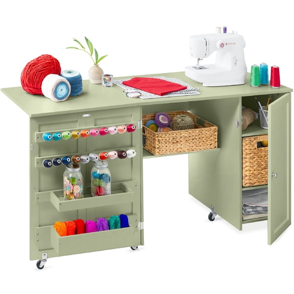Best Choice Products Large Portable Multipurpose Folding Sewing Table w/ Magnetic Doors, Craft Storage - Sage