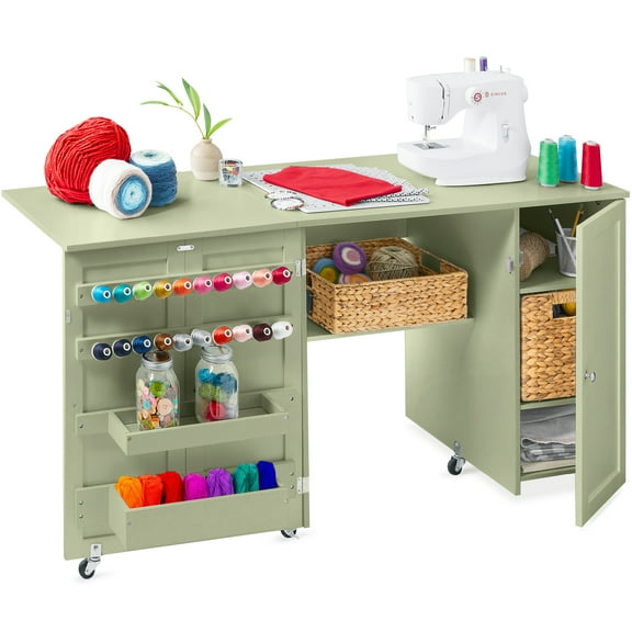 Best Choice Products Large Portable Multipurpose Folding Sewing Table w/ Magnetic Doors, Craft Storage - Sage