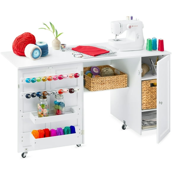 Best Choice Products Large Portable Multipurpose Folding Sewing Table w/ Magnetic Doors, Craft Storage - White