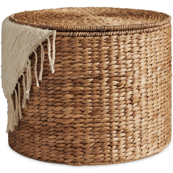 Best Choice Products Large Round Storage Ottoman W/ Lid, Handwoven Water Hyacinth Footstool - Chestnut