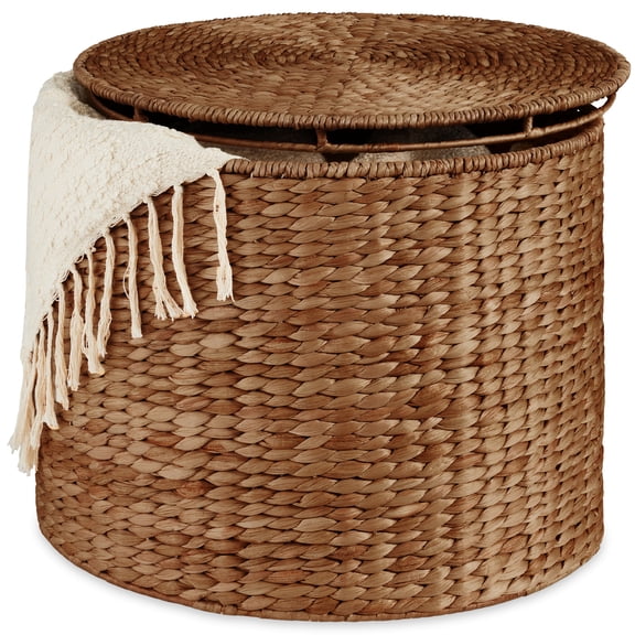 Best Choice Products Large Round Storage Ottoman W/ Lid, Handwoven Water Hyacinth Footstool - Chestnut