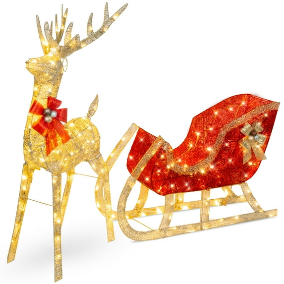Best Choice Products Lighted Christmas 4ft Reindeer & Sleigh Holiday Outdoor Decor Set w/205 LED Lights, Stakes - Gold