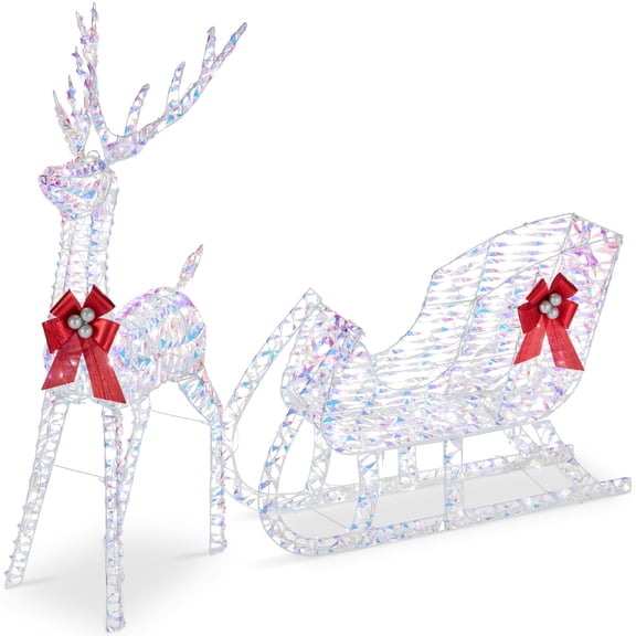 Best Choice Products Lighted Christmas 4ft Reindeer & Sleigh Holiday Outdoor Decor Set w/205 LED Lights, Stakes - Iridescent