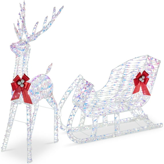 Best Choice Products Lighted Christmas 4ft Reindeer & Sleigh Holiday Outdoor Decor Set w/205 LED Lights, Stakes - Iridescent