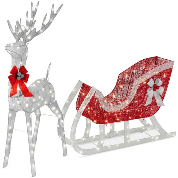 Best Choice Products Lighted Christmas 4ft Reindeer & Sleigh Holiday Outdoor Decor Set w/205 LED Lights, Stakes - Silver