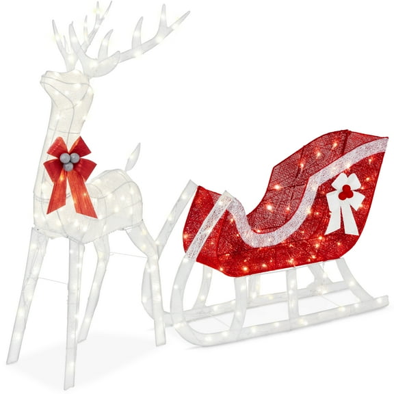 Best Choice Products Lighted Christmas 4ft Reindeer & Sleigh Holiday Outdoor Decor Set w/205 LED Lights, Stakes - White