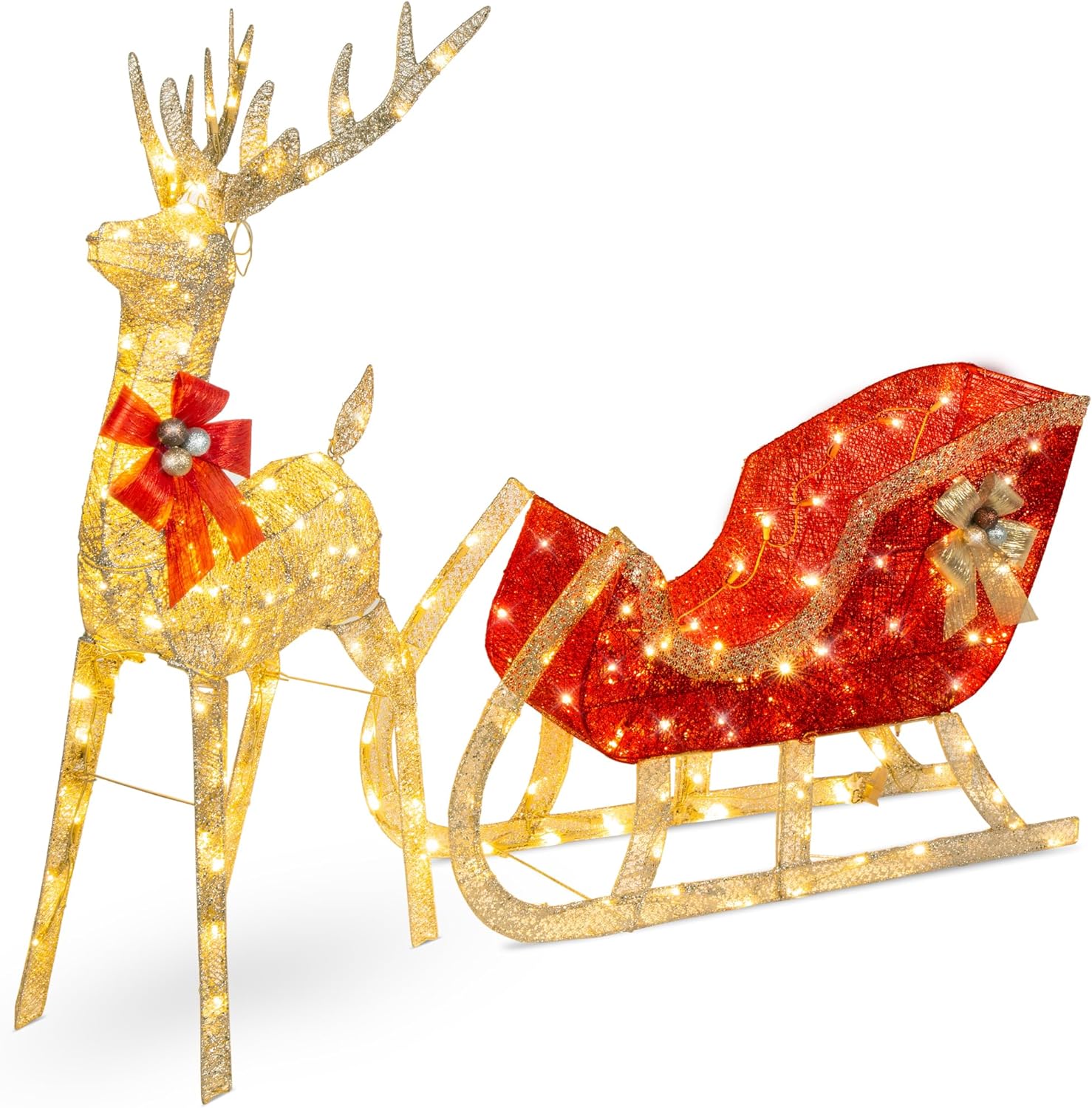 Best Choice Products Lighted Christmas 4ft Reindeer & Sleigh Outdoor Yard Decoration Set w/ 205 LED Lights, Stakes - Gold - image 1 of 7