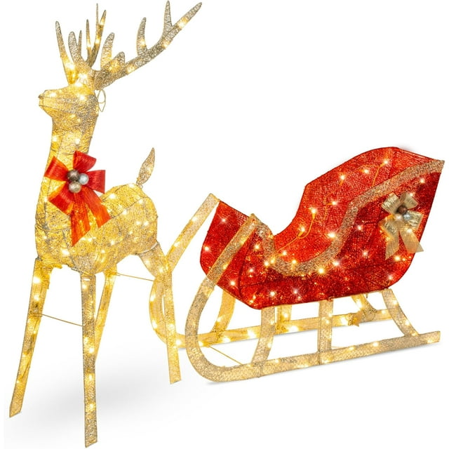 Best Choice Products Lighted Christmas 4ft Reindeer & Sleigh Outdoor Yard Decoration Set w/ 205 LED Lights, Stakes - Gold