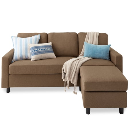 Best Choice Products Linen Sectional Sofa Couch w/ Chaise Lounge, Reversible Ottoman Bench - Brown