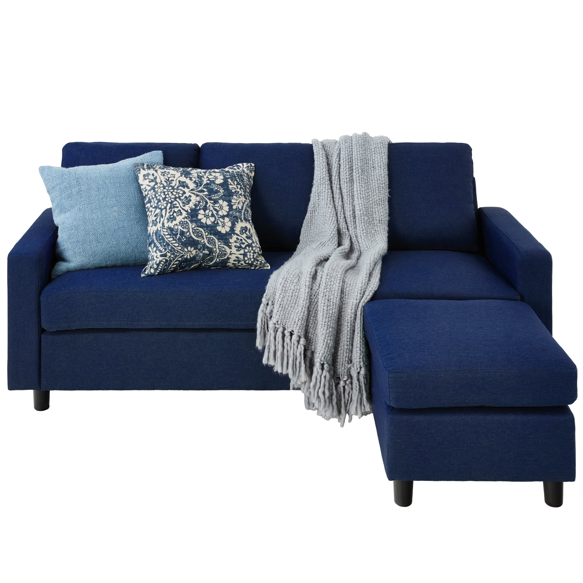 Dark Blue Linen Sectional Sofa with Reversible Ottoman and Wood Frame