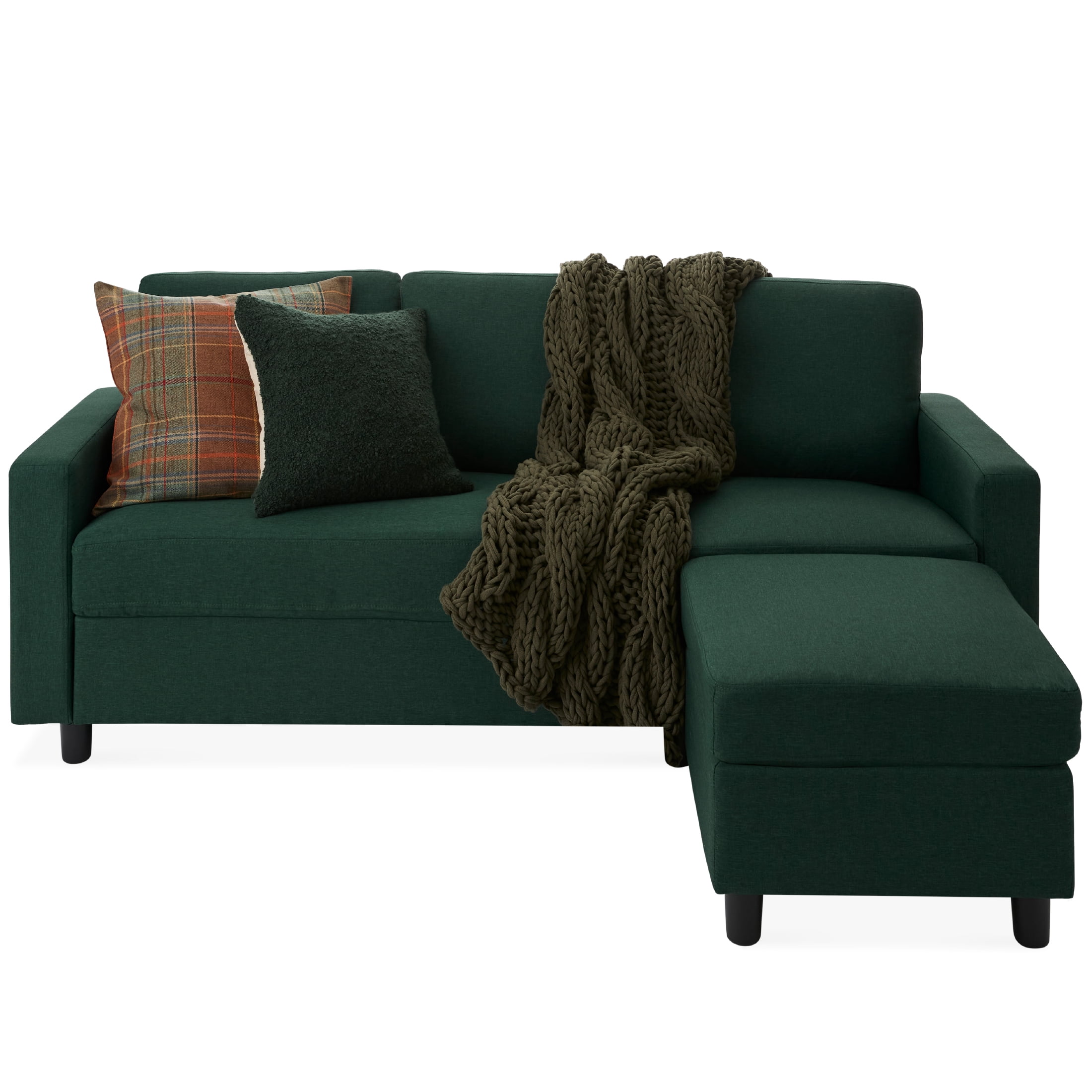 Dark Green Linen Sectional Sofa with Reversible Ottoman and Wood Frame