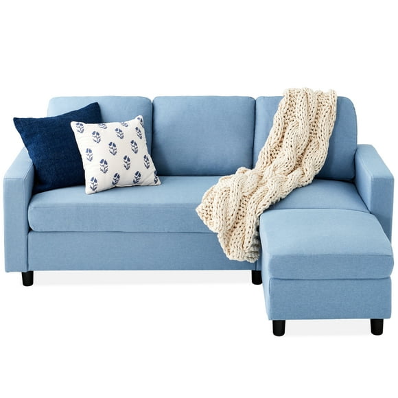 Best Choice Products Linen Sectional Sofa Couch w/ Chaise Lounge, Reversible Ottoman Bench - Light Blue