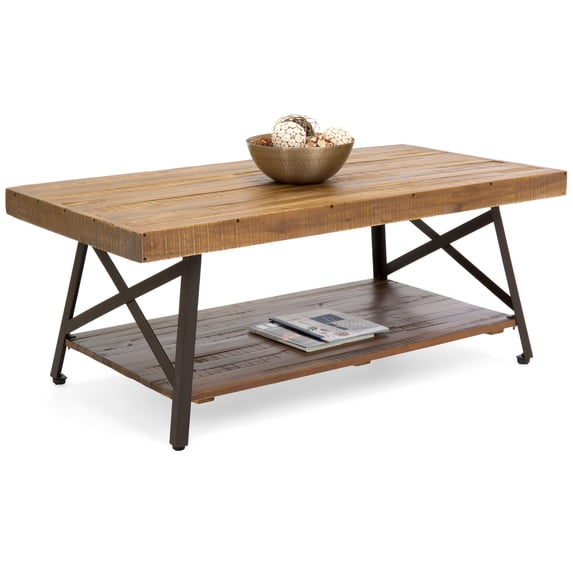 Best Choice Products Living Room Acacia Wooden Cocktail Coffee Accent Table w/ Sturdy Metal Legs, Bottom Shelf - Brown