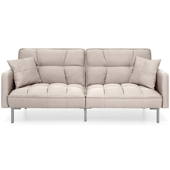 Best Choice Products Living Room Convertible Linen Fabric Tufted Splitback Futon Couch Furniture w/ Pillows - Beige