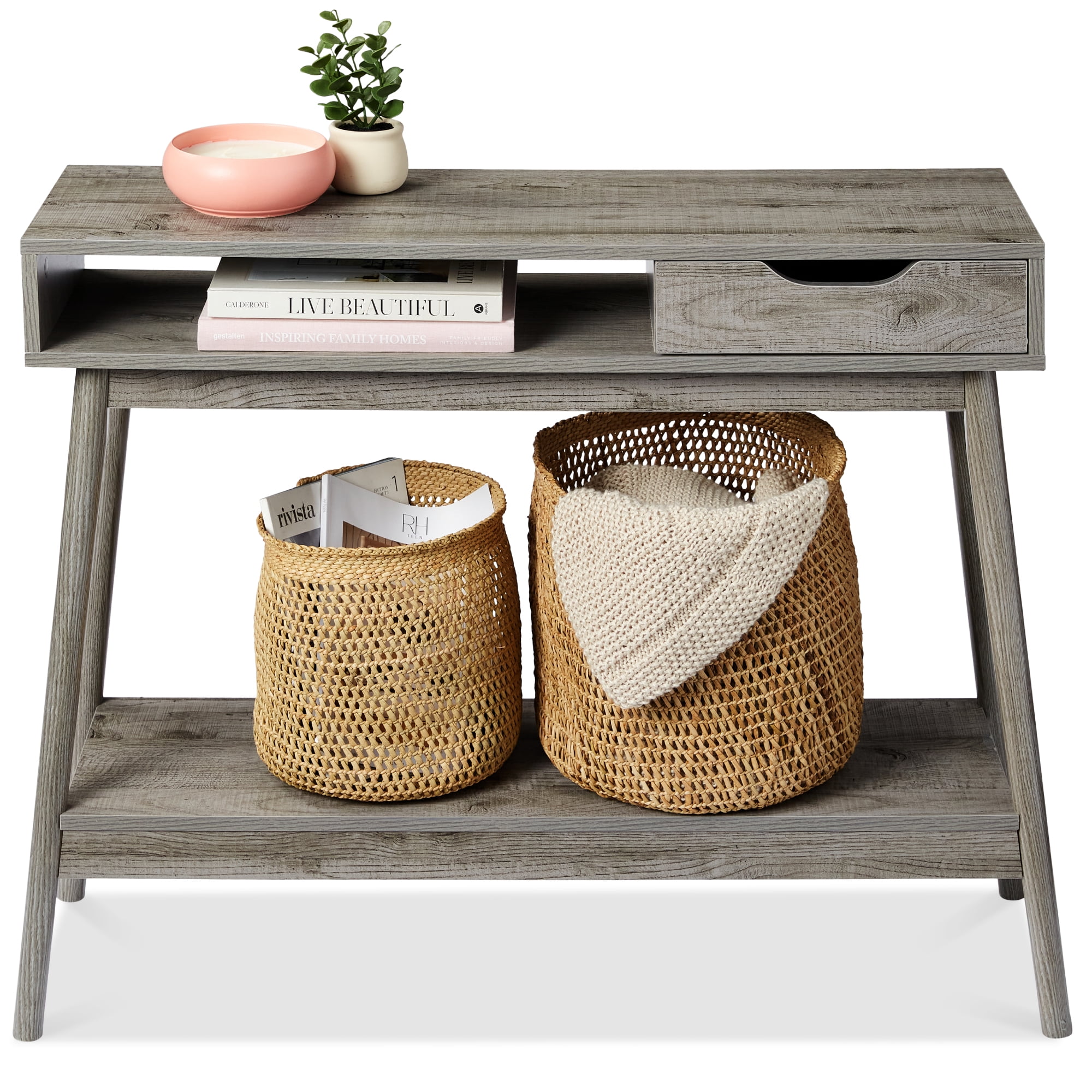 Gray Wood and Metal Console Table with Storage Shelves