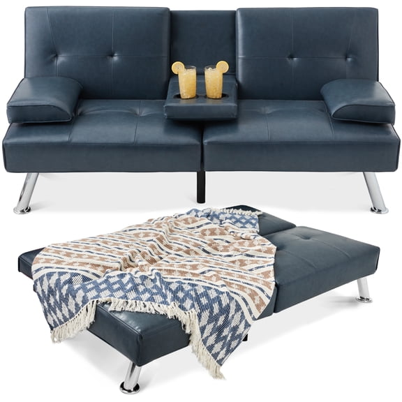 Best Choice Products Modern Faux Leather Convertible Futon Sofa w/ Removable Armrests, 2 Cupholders - Blue