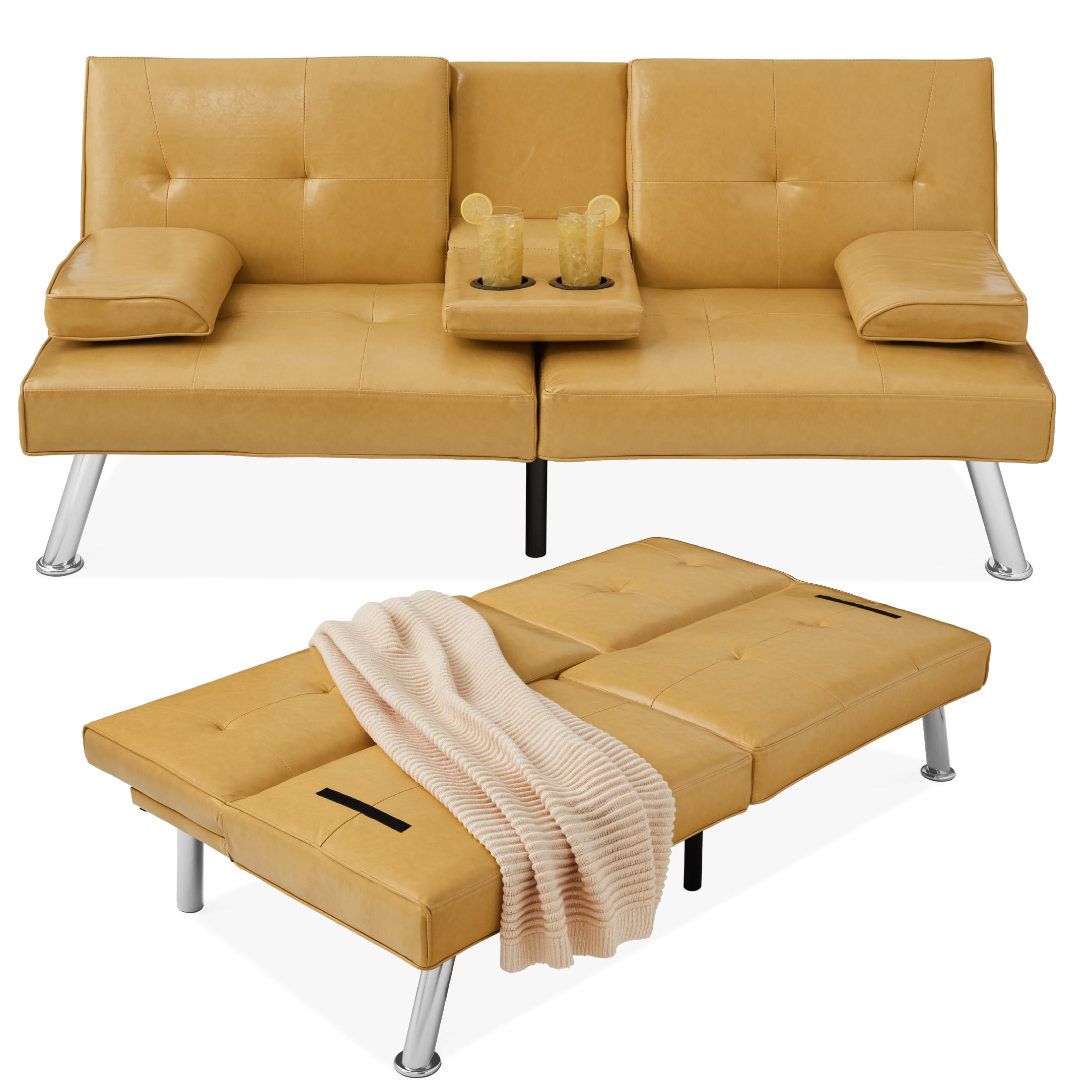 Camel Yellow Faux Leather Convertible Futon Sofa with Cup Holders