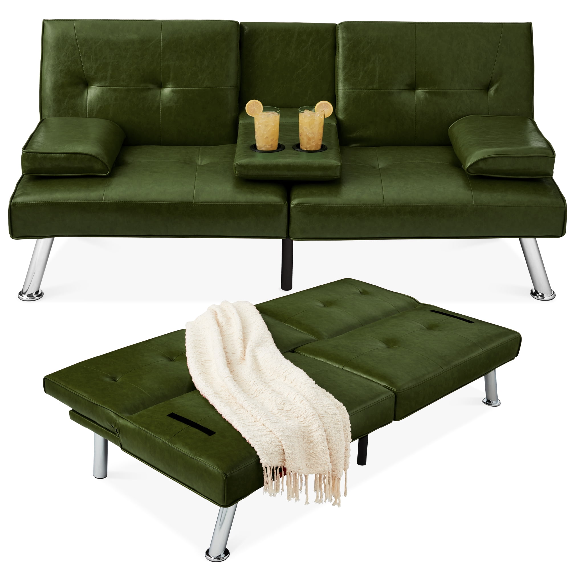 Best Choice Products Modern Faux Leather Convertible Futon Sofa w/ Removable Armrests, 2 Cupholders - Dark Green
