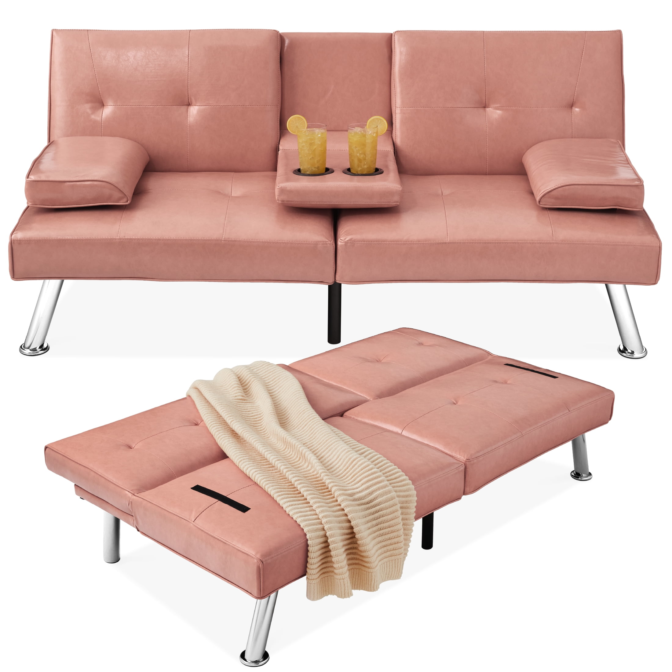 Best Choice Products Faux Leather Futon Couch w/ Cupholders for Living