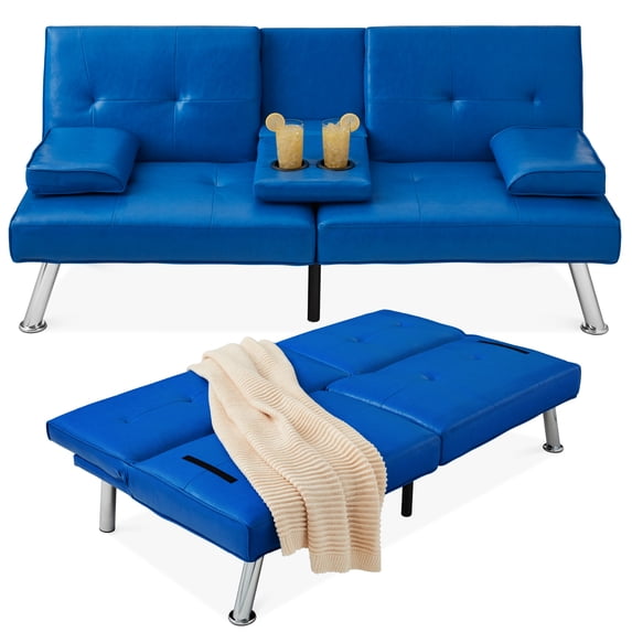 Best Choice Products Modern Faux Leather Convertible Futon Sofa w/ Removable Armrests, 2 Cupholders - Royal Blue
