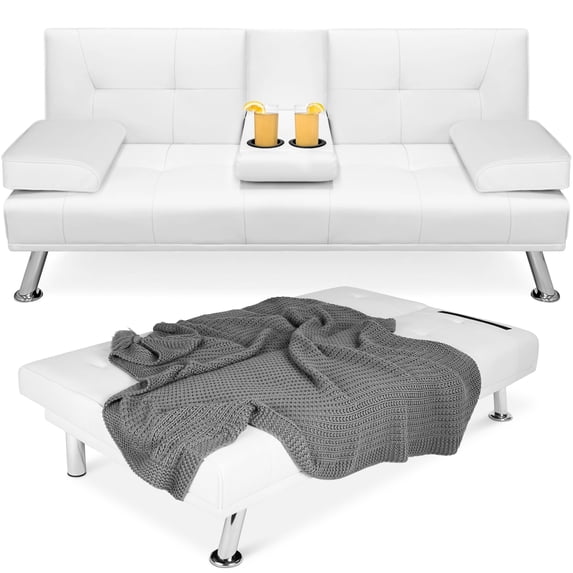 Best Choice Products Modern Faux Leather Convertible Futon Sofa w/ Removable Armrests, 2 Cupholders - White
