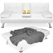 Best Choice Products Modern Faux Leather Convertible Futon Sofa w/ Removable Armrests, 2 Cupholders - White