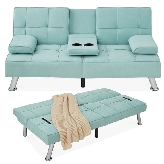 Best Choice Products Modern Linen Convertible Futon Sofa Bed w/ Removable Armrests, Metal Legs, Cupholders - Aqua