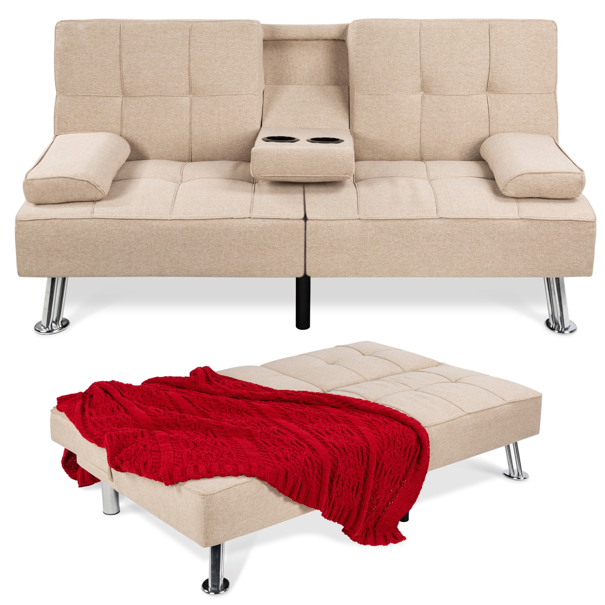 Best Choice Products Modern Linen Convertible Futon Sofa Bed w/ Removable Armrests, Metal Legs, Cupholders - Beige