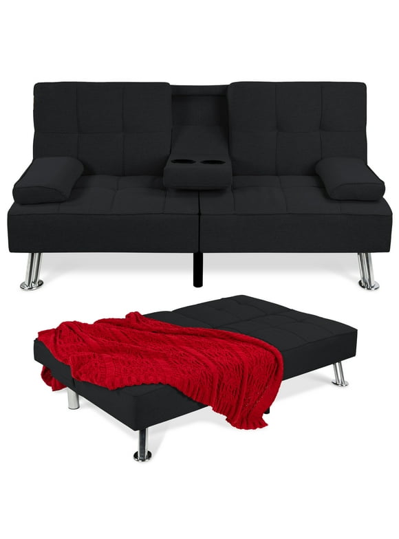 Best Choice Products Modern Linen Convertible Futon Sofa Bed w/ Removable Armrests, Metal Legs, Cupholders - Black