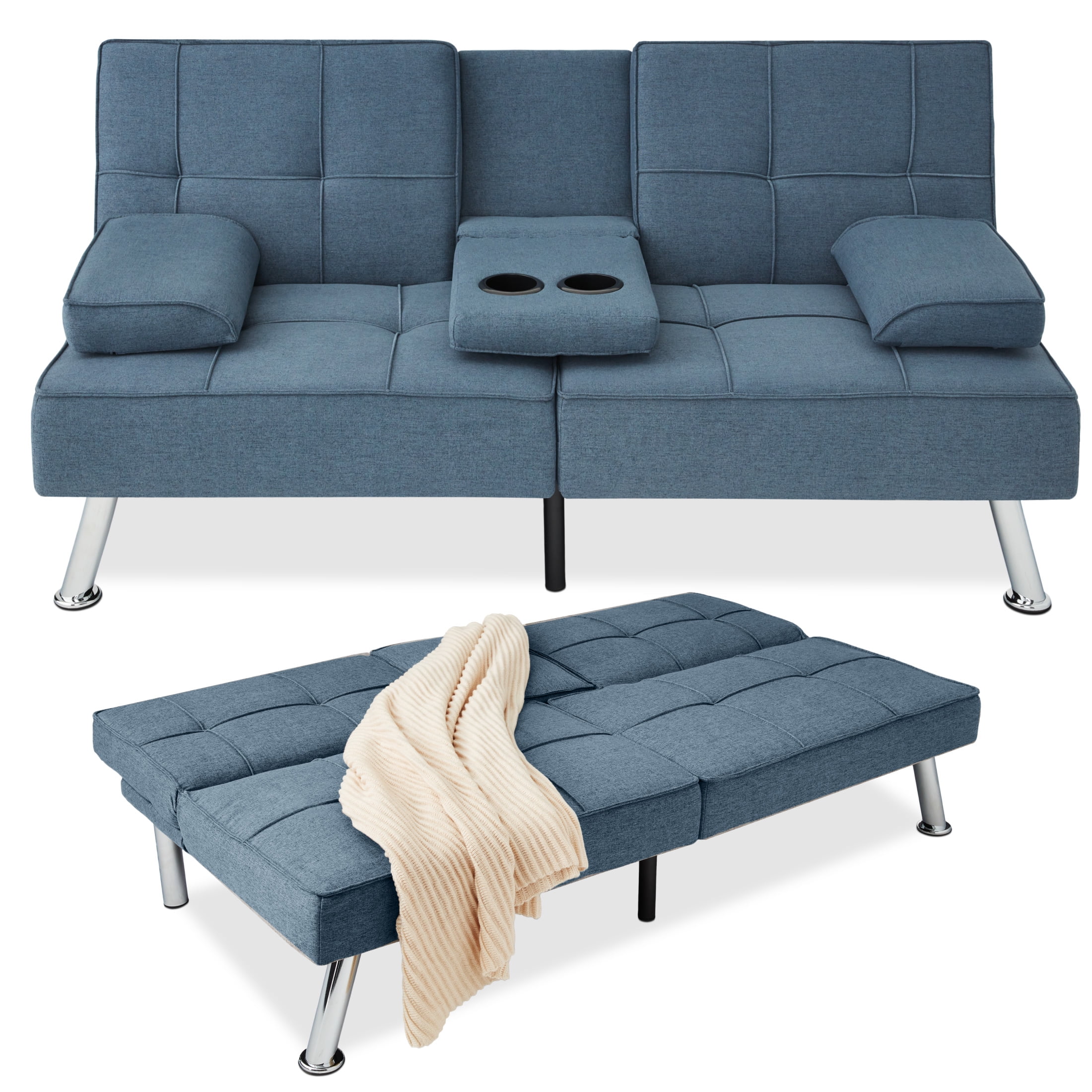 Best Choice Products Modern Linen Convertible Futon Sofa Bed w Removable Armrests Metal Legs Cupholders Blue