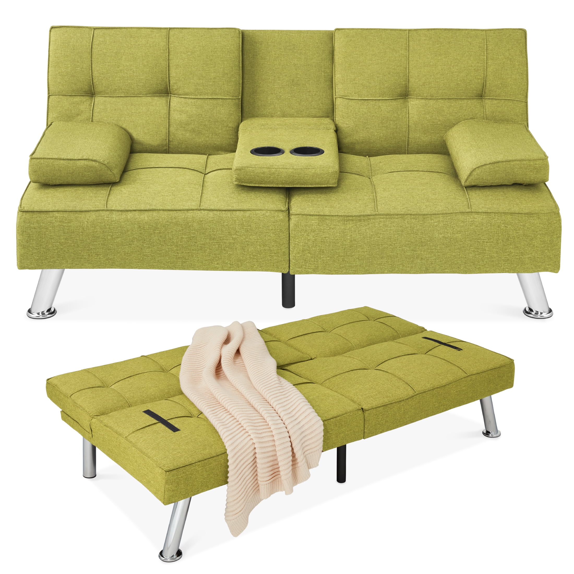 KOMFOTT Sofá cama futón, sofá futón convertible de tela de lino con  respaldo y reposabrazos ajustables, patas de metal, sofá biplaza moderno,  sofá