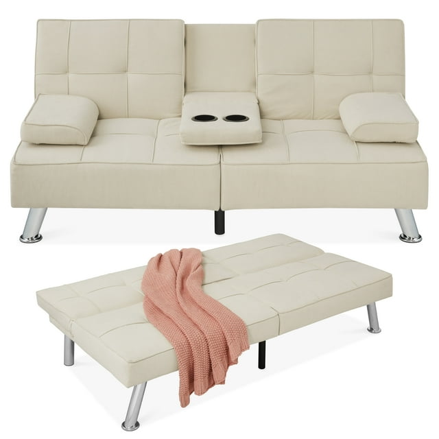 Best Choice Products Modern Linen Convertible Futon Sofa Bed w/ Removable Armrests, Metal Legs