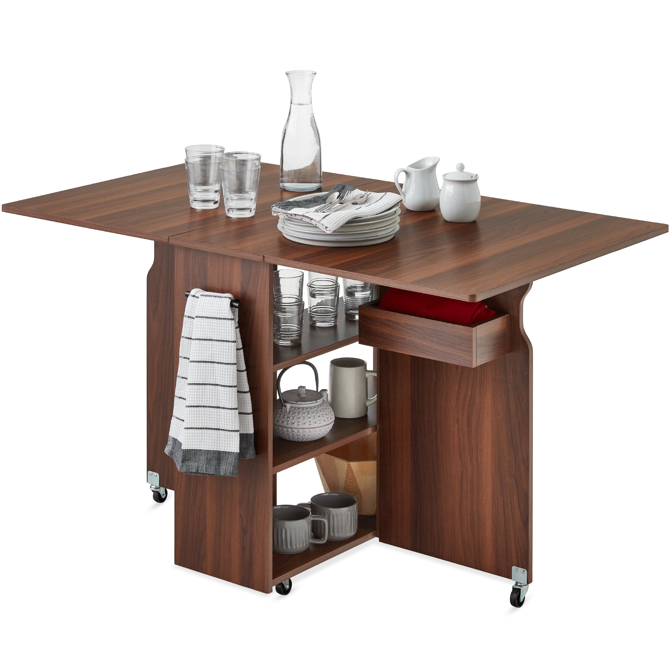 Brown Multipurpose Folding Table with Wheels and Storage Shelves