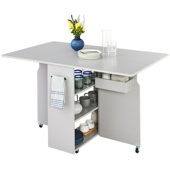 Best Choice Products Multipurpose Folding Table w/ Wheels, 3 Storage Shelves, Cubby, Handle - Cement Gray