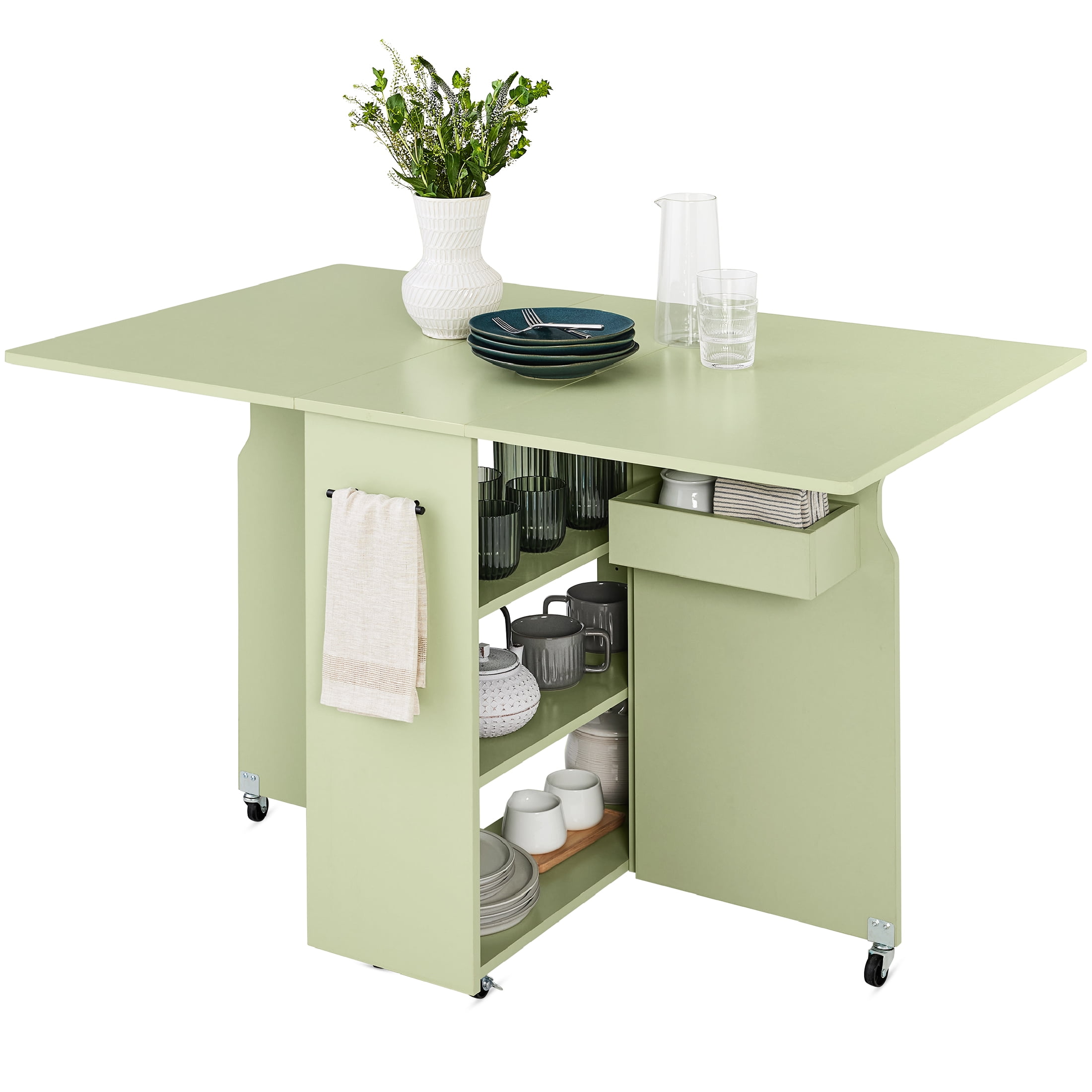 Sage Green Multipurpose Folding Table with Shelves and Wheels