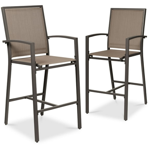 Best Choice Products Outdoor Barstools Set of 2, Bar Height Patio Chairs w/ All-Weather Mesh - Brown/Brown