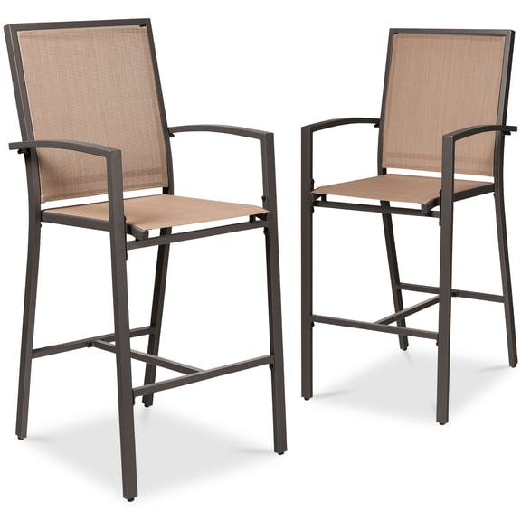Best Choice Products Outdoor Barstools Set of 2, Bar Height Patio Chairs w/ All-Weather Mesh - Brown/Light Brown