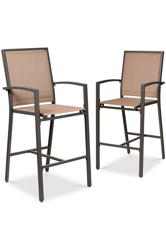 Outdoor Barstools Set of 2, Bar Height Patio Chairs w/ All-Weather Mesh - Brown/Light Brown