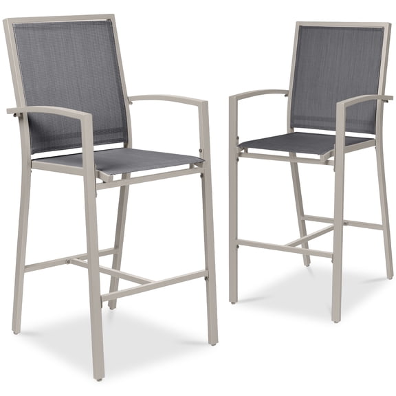 Best Choice Products Outdoor Barstools Set of 2, Bar Height Patio Chairs w/ All-Weather Mesh - Taupe/Charcoal