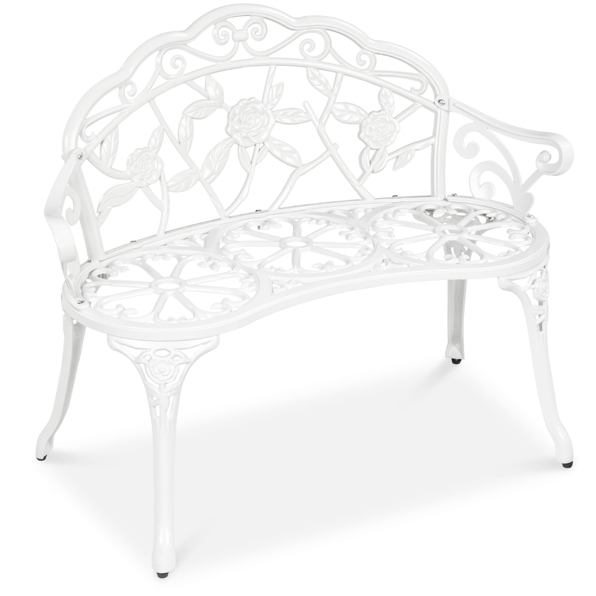 Elegant Antique-Style Rose Accented White Metal Garden Bench