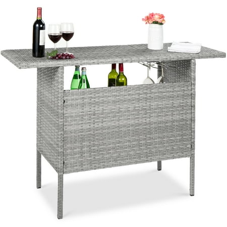 Best Choice Products Outdoor Patio Wicker Bar Counter Table w/ 2 Steel Shelves, 2 Sets of Rails - Gray