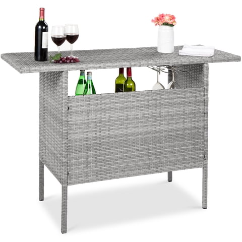 Best Choice Products Outdoor Patio Wicker Bar Counter Table w/ 2 Steel Shelves, 2 Sets of Rails - Gray